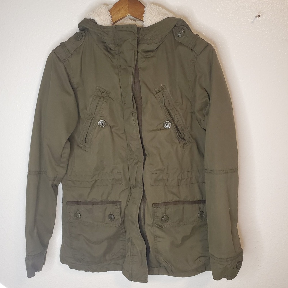 American Eagle AEO Army Green Canvas Cargo Field Hooded Jacket Coat Sz S Sherpa